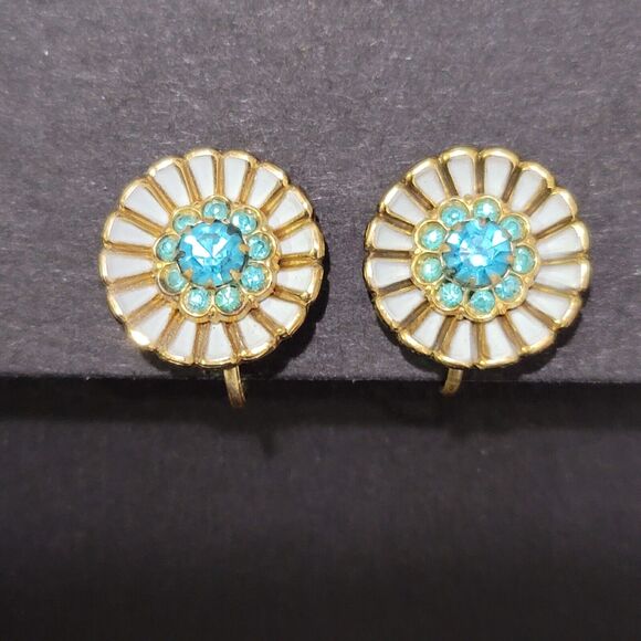 CORO Aqua Rhinestone Screw Back Earrings - Picture 3 of 8
